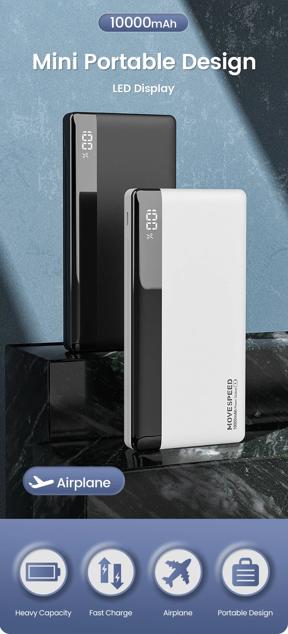 MOVESPEED K10 Power Bank 10000mAh Dual USB A Ports Fast Charging External Large Battery for iPhone 15Pro Samsung S23 Xiaomi 14