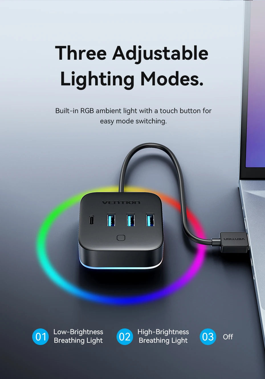 Vention USB 3.0 / USB-C 3.2 Gen1 RGB zvezdišče | 4-portni 5Gbps namizni razdelilnik za PC in prenosnik