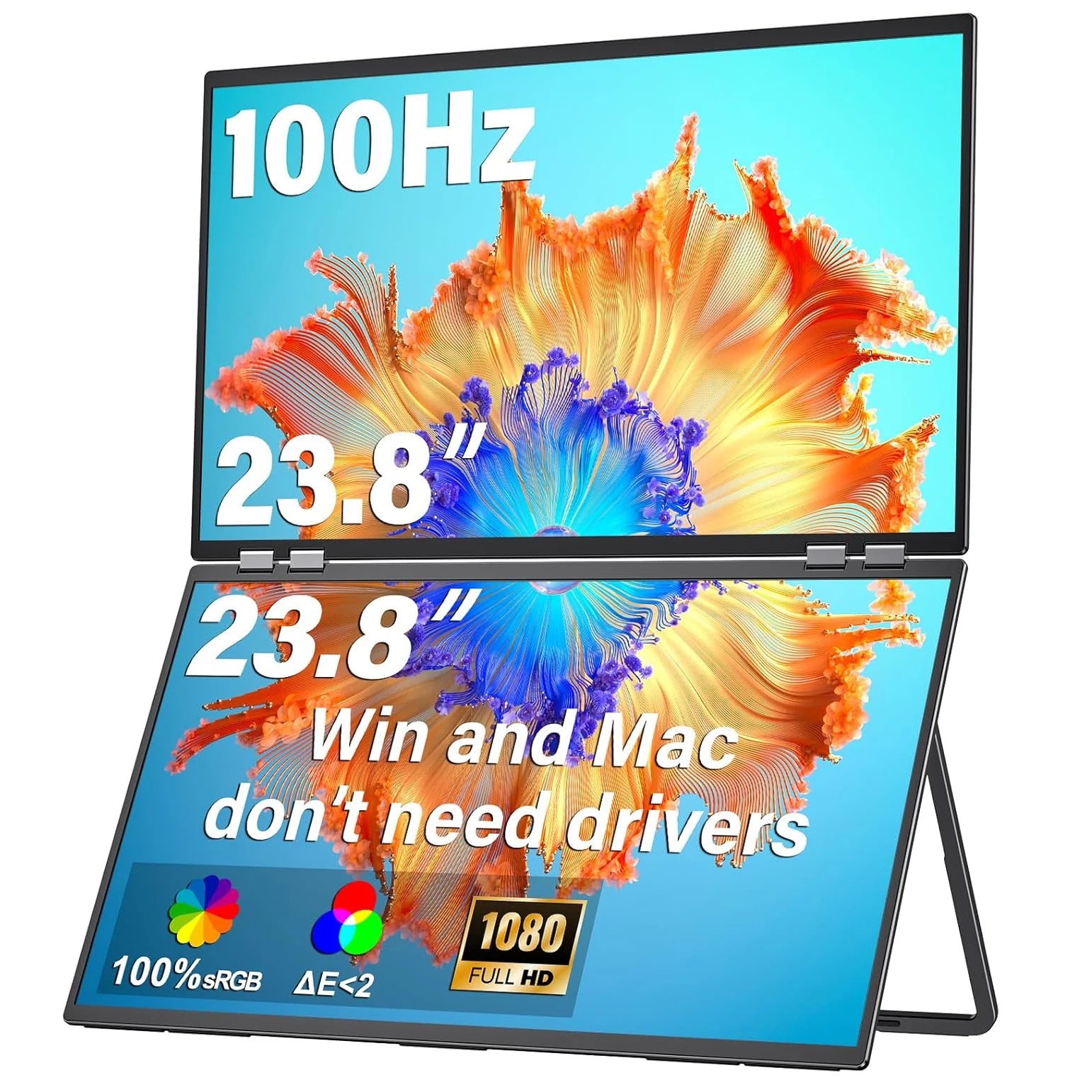 23.8" 100Hz Dual Screen Stacked Computer Monitor 1080P HDR 360° Folding Triple Portable Display for Laptop PC Phone Game Console - Limetastore