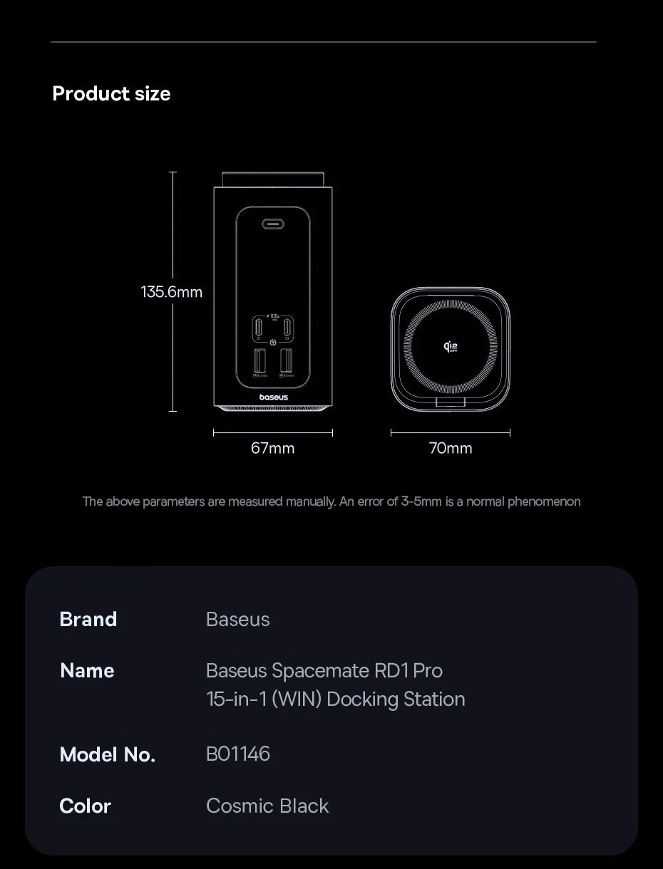 Baseus 160W 15‑v‑1 USB‑C zvezdišče | Dvojni HDMI 4K@120Hz, Qi2.2 25W brezžični polnilnik