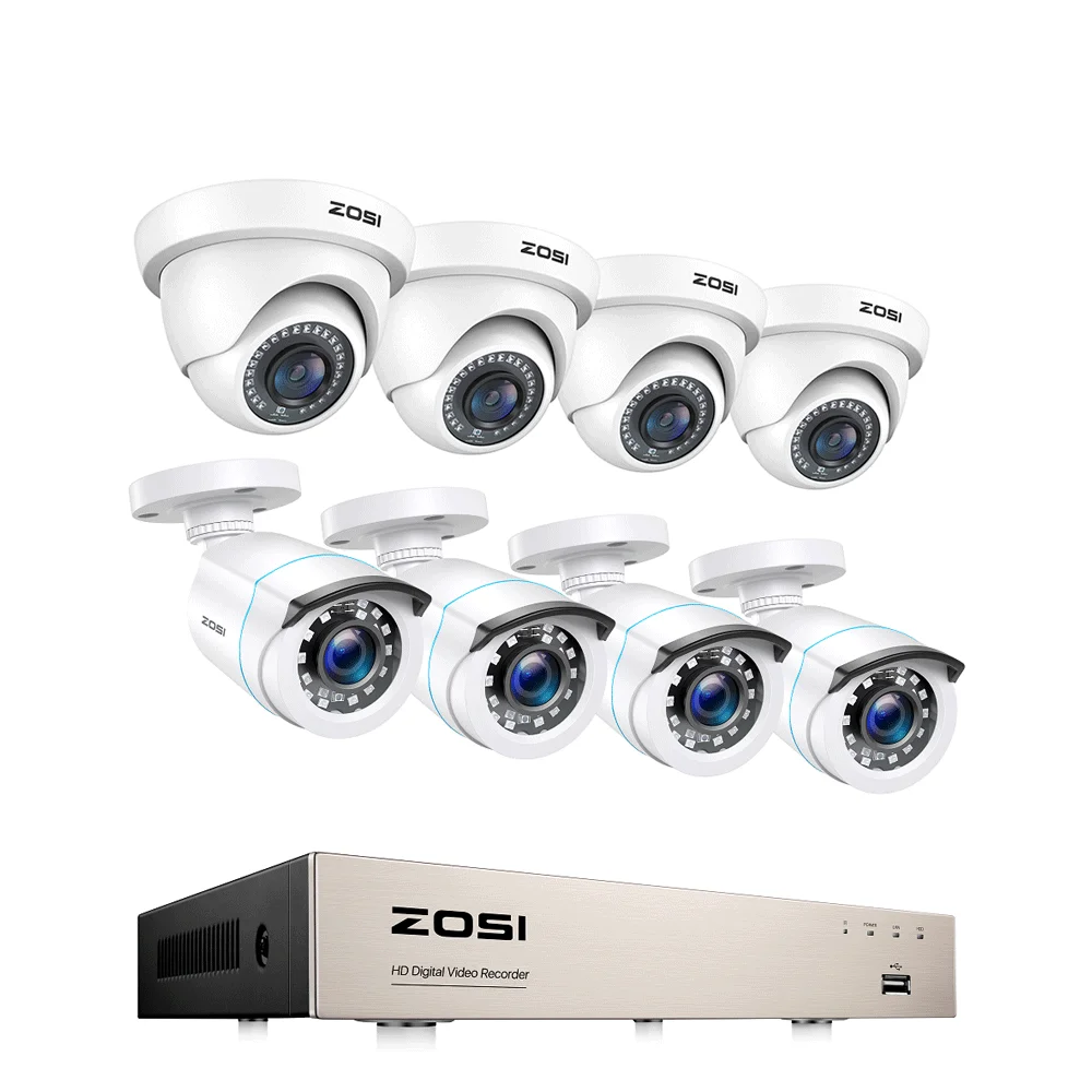ZOSI 8CH 1080p Wired Security Camera System – H.265+ DVR Recorder with 8× 2MP Outdoor HD‑TVI CCTV Cameras