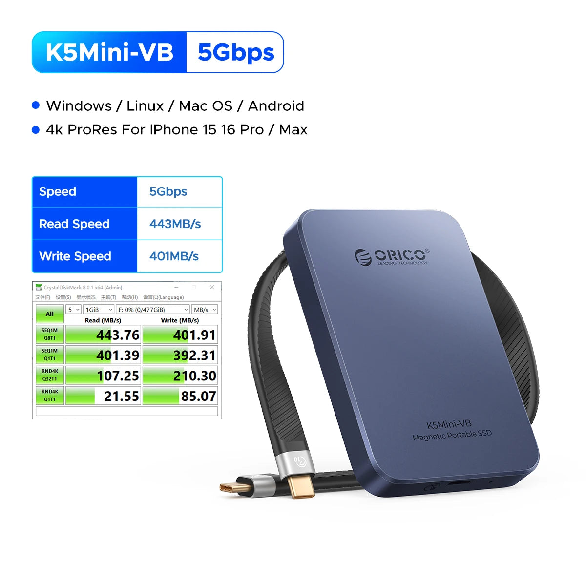 ORICO 460MB/S Portable SSD USB3.2 PSSD 480GB External SSD for iPhone 17 16Pro/Max ProRes 4K ProRes K5MINI-VB