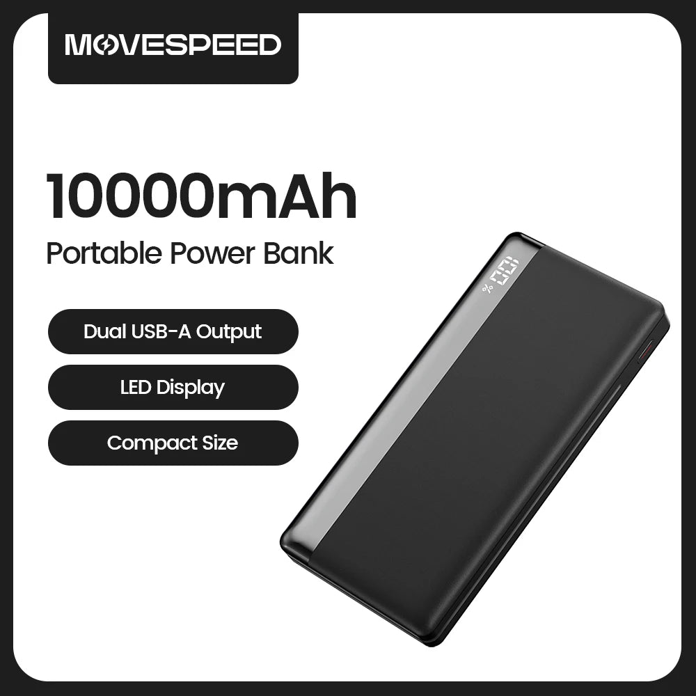 MOVESPEED K10 Power Bank 10000mAh Dual USB A Ports Fast Charging External Large Battery for iPhone 15Pro Samsung S23 Xiaomi 14