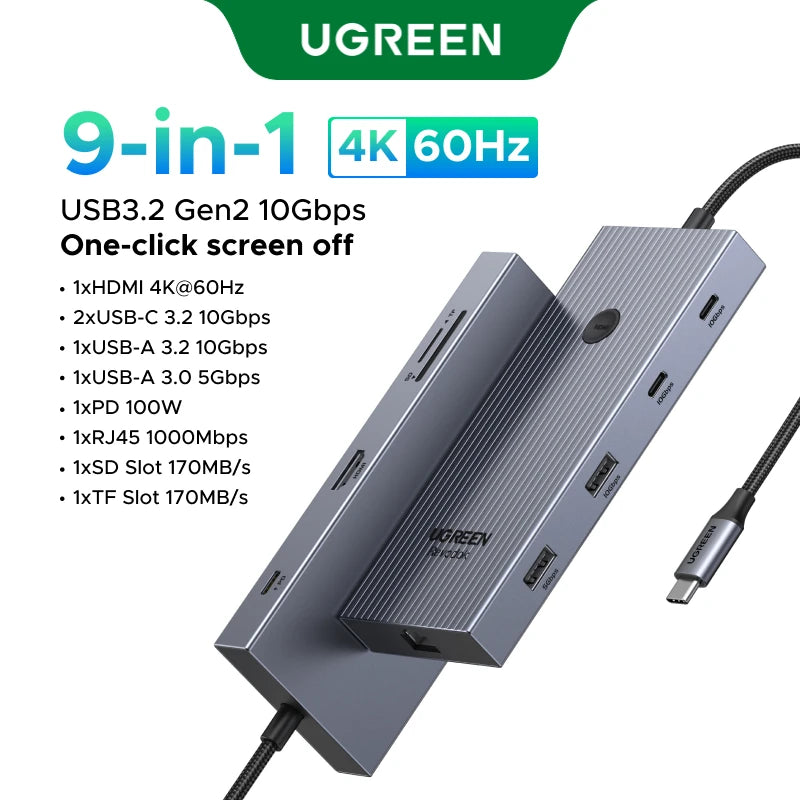 UGREEN 10Gbps USB-C zvezdišče s HDMI 4K60Hz, gigabitnim RJ45, PD100W, SD/TF in USB-A/C priključki