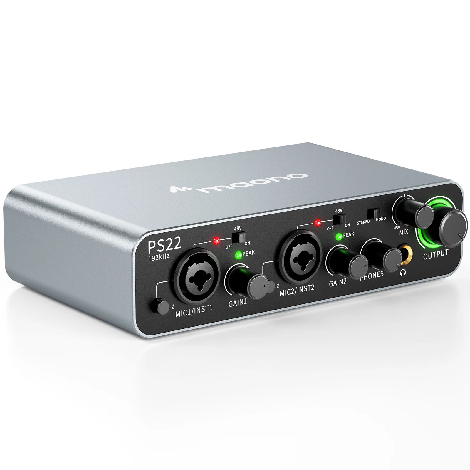 Maono PS22 – USB Audio Interface 24‑bit/192 kHz | 60 dB Pro Preamp, Dual USB, Low‑Noise Recording for Home Studio, Podcast & Streaming
