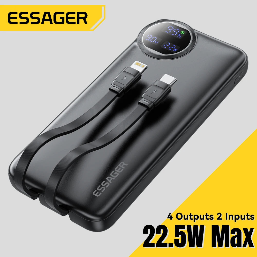 ESSAGER 22.5W prenosna baterija 20000 mAh z dvema vgrajenima kabloma
