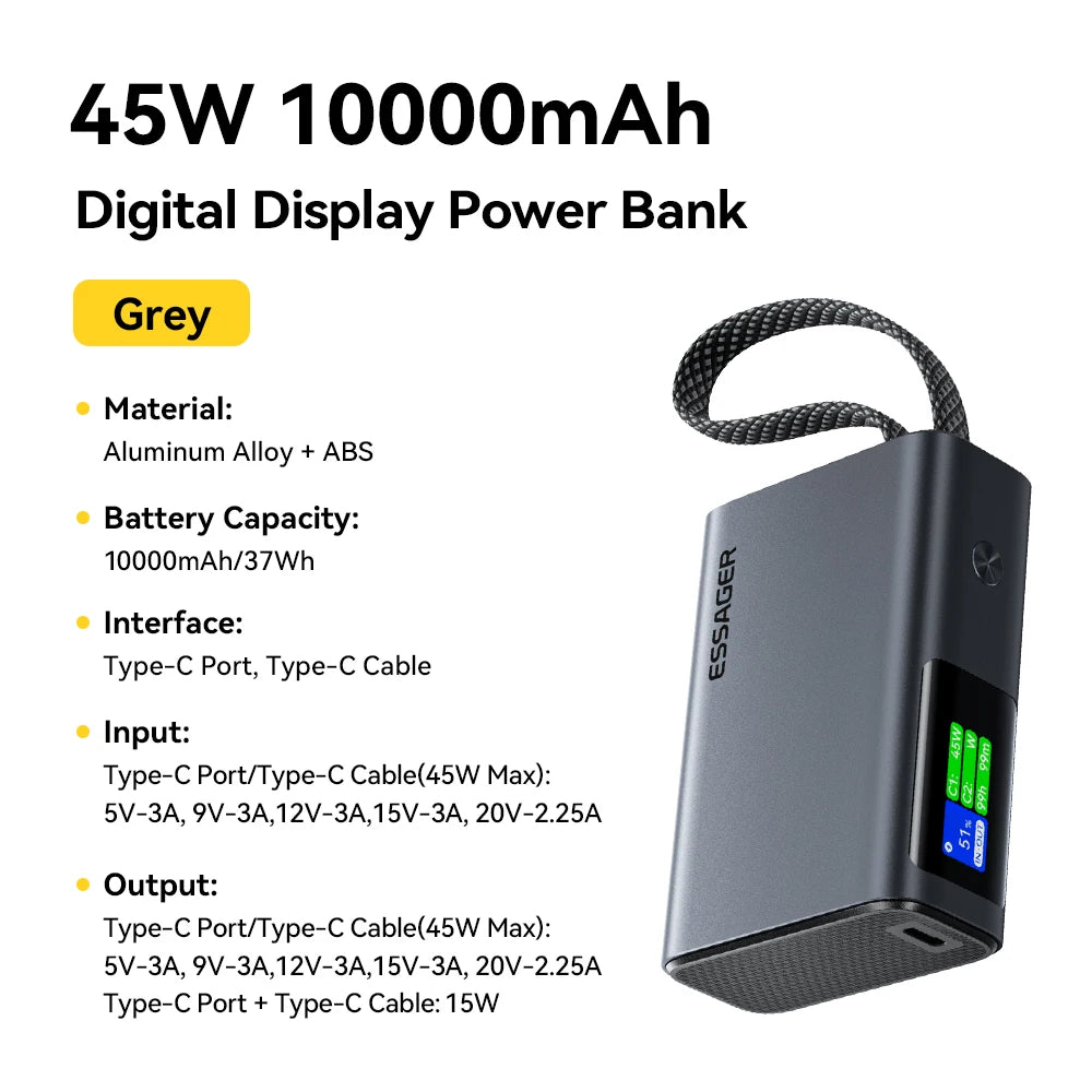ESSAGER 45W Power Bank 10000 mAh z vgrajenim kablom USB-C