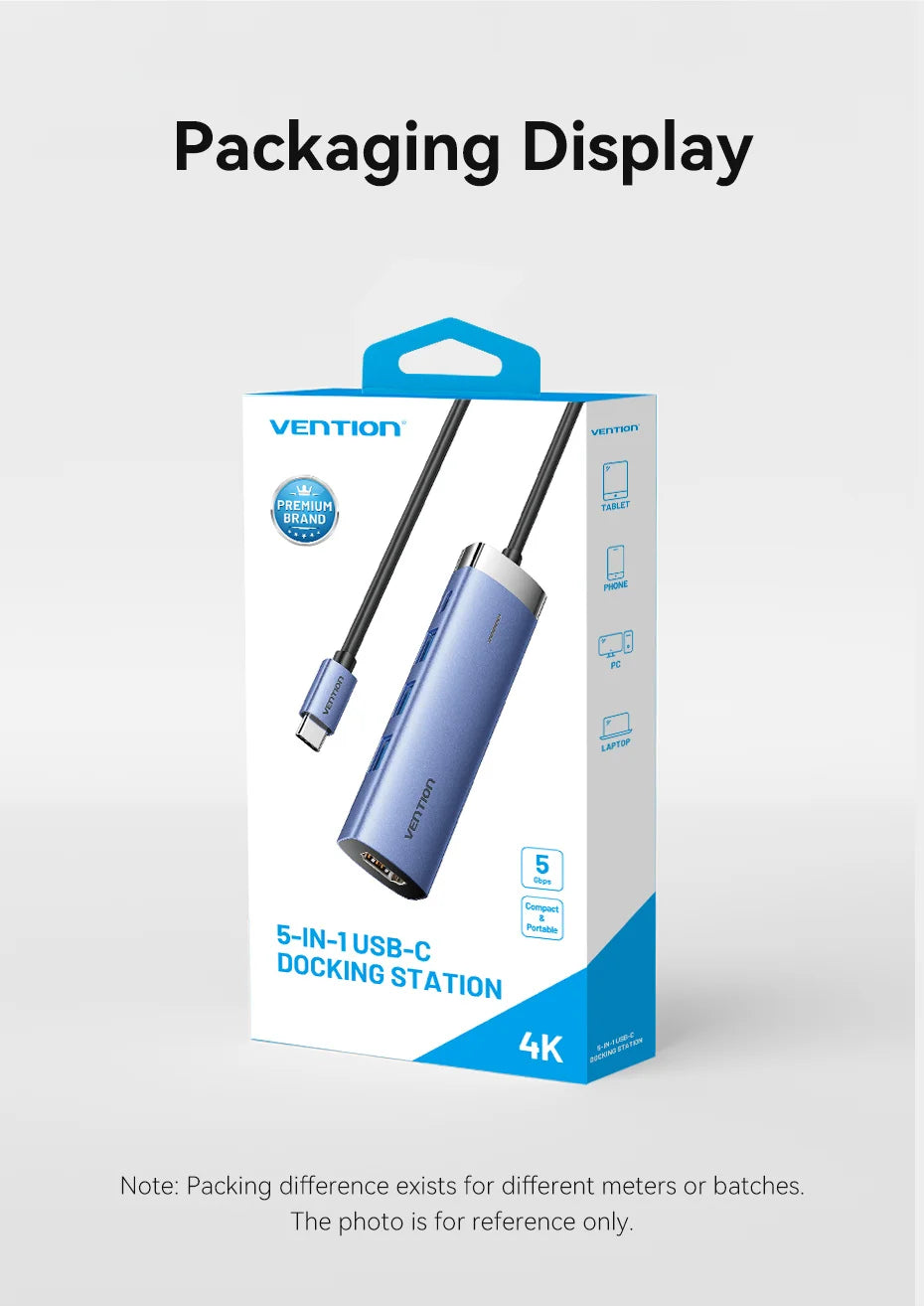 Vention zvezdišče USB-C 5-v-1 | HDMI 4K, PD 100 W, priklopna postaja USB 3.0 5 Gbps