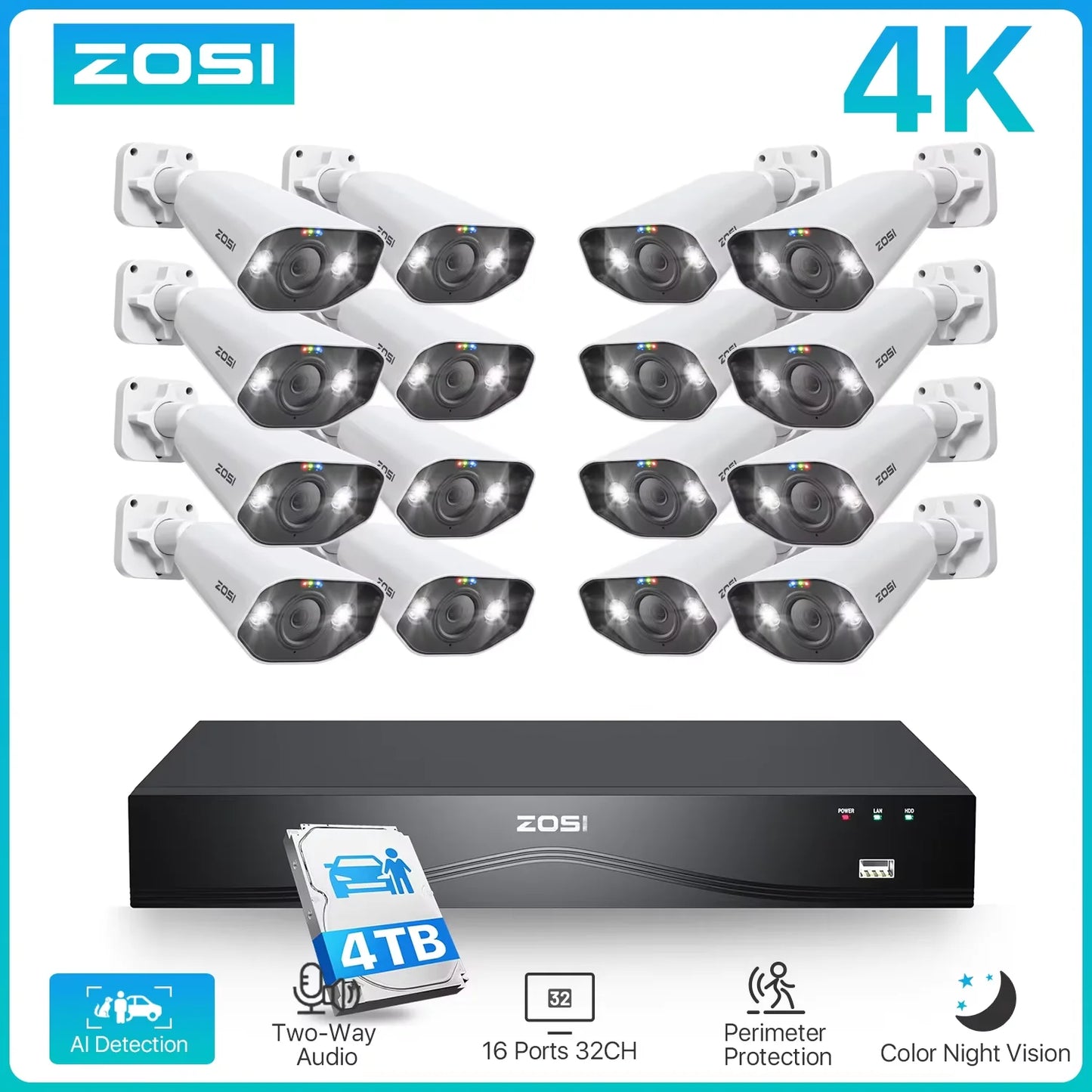 Varnostni kamerov sistem ZOSI 4K 32CH PoE – 8MP Ultra HD IP kamere z AI prepoznavanjem obraza