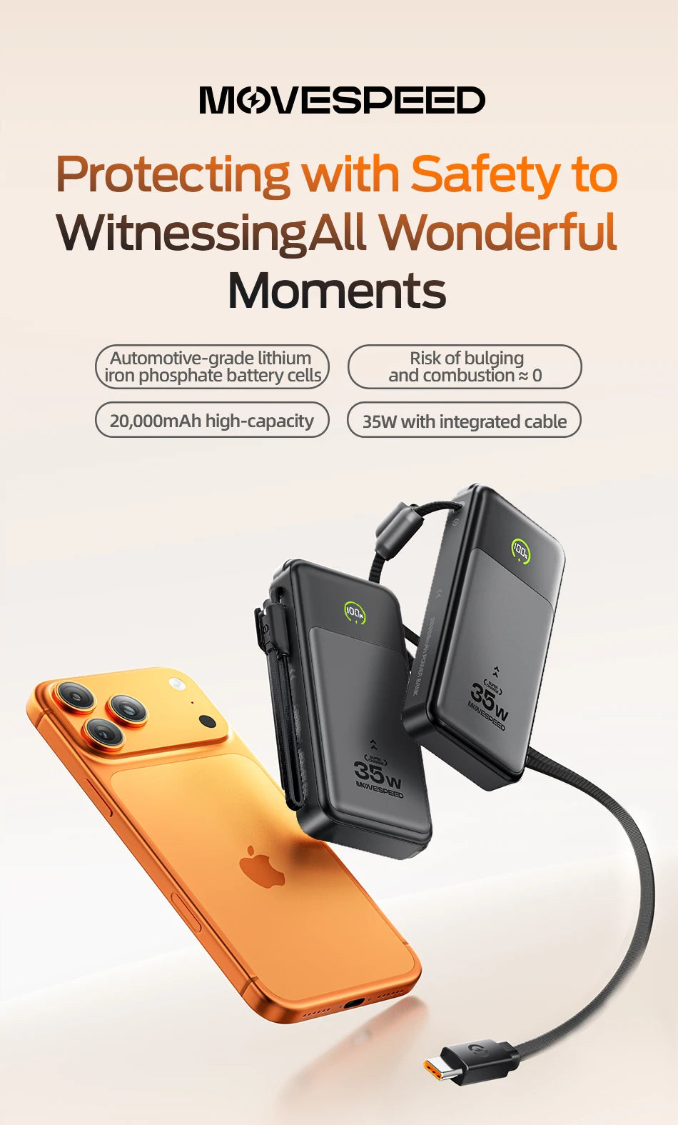 MOVESPEED Blade-Shape Power Bank 20000mAh 35W Hitro Polnjenje