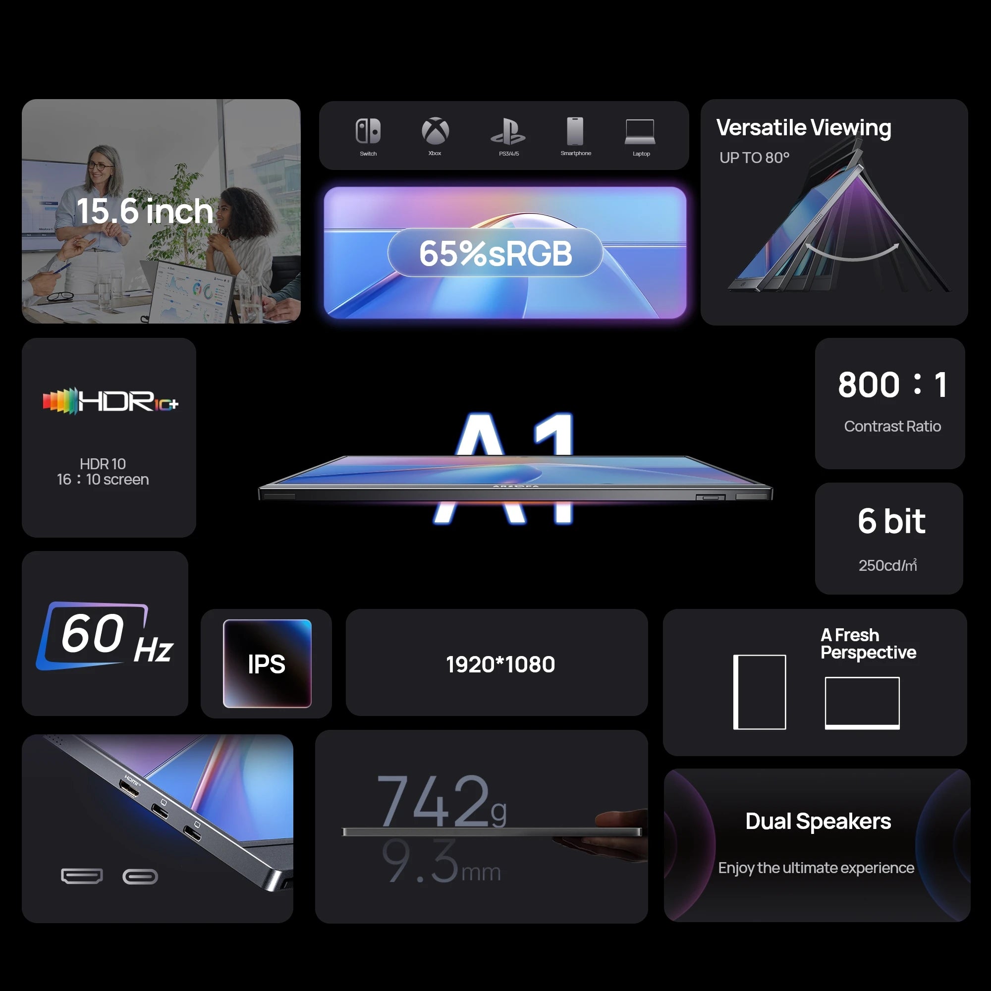 ARZOPA A1 15,6" prenosni monitor | 1080P FHD, IPS, lahek, USB-C in HDMI
