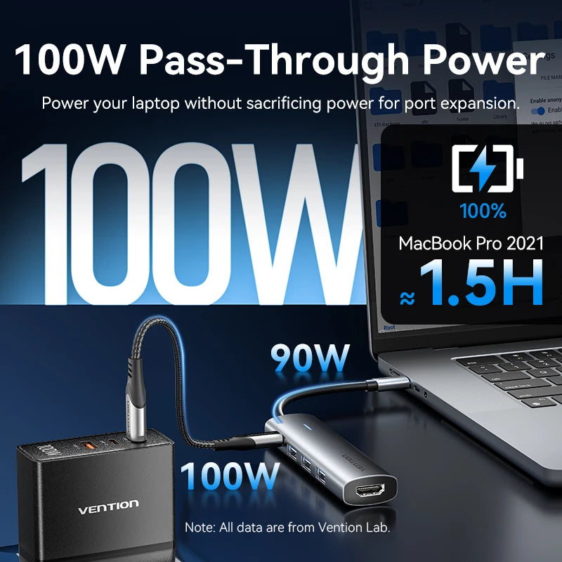 Vention 5-v-1 USB-C Hub | 4K60Hz HDMI, USB 3.0, PD100W Večportni priklop za MacBook & Android