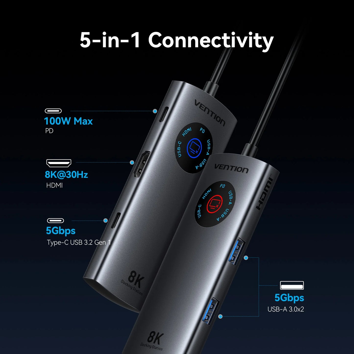 Vention vozlišče USB-C 8K/4K HDMI | LED-zaslon, USB-A/C 3.0, 3.2 Gen1, gigabitni ethernetni adapter