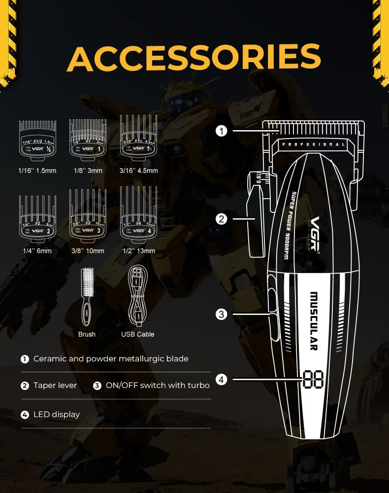 VGR V-285 Professional Hair Clipper – 9,000 RPM, 150-Min Runtime, 6 Combs