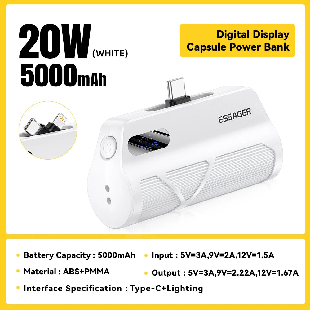 ESSAGER Mini kapsula prenosna baterija 5000 mAh 20 W PD hitro polnjenje