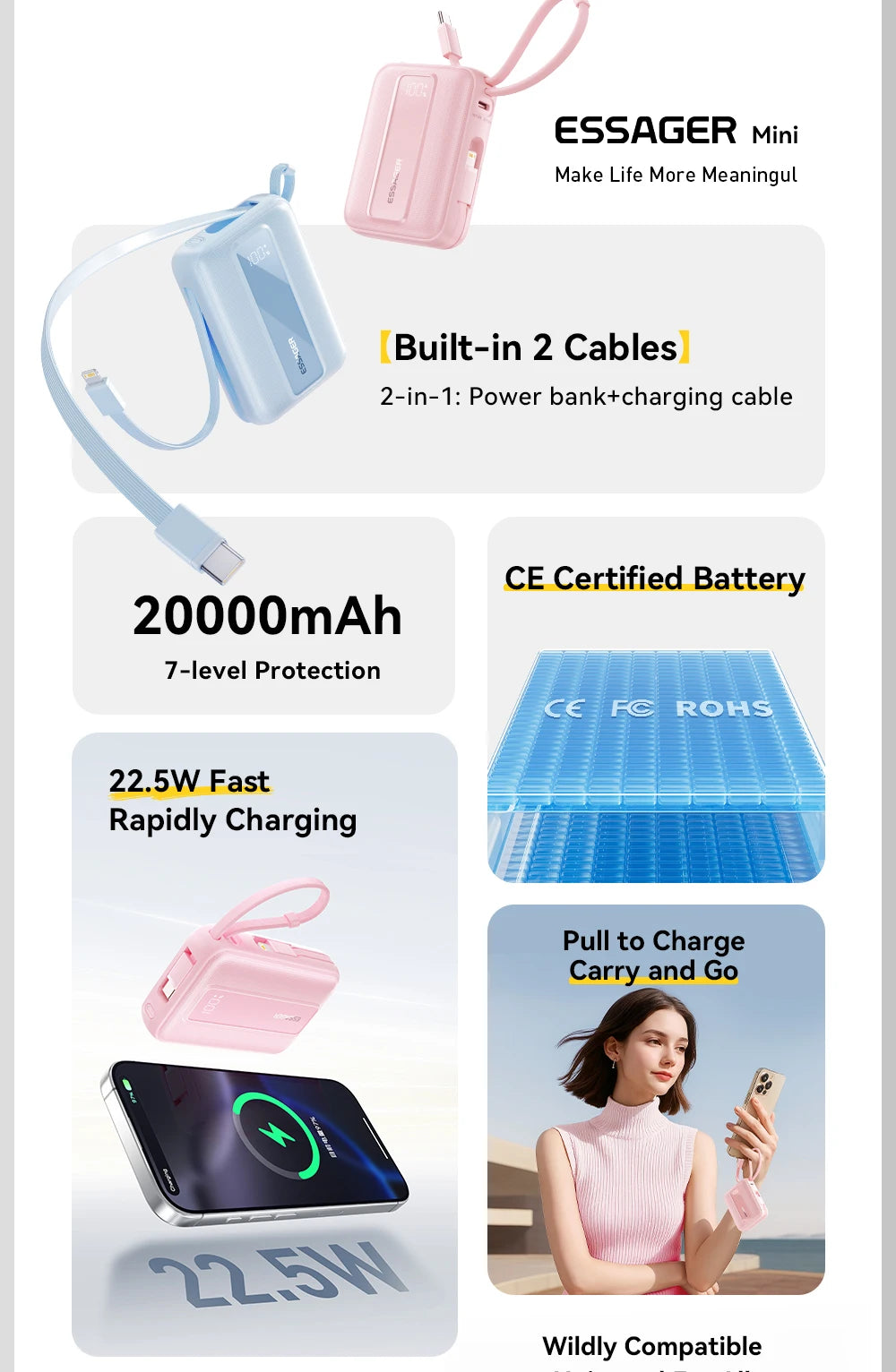 ESSAGER Mini prenosna baterija 20000mAh s kabli 22.5W PD