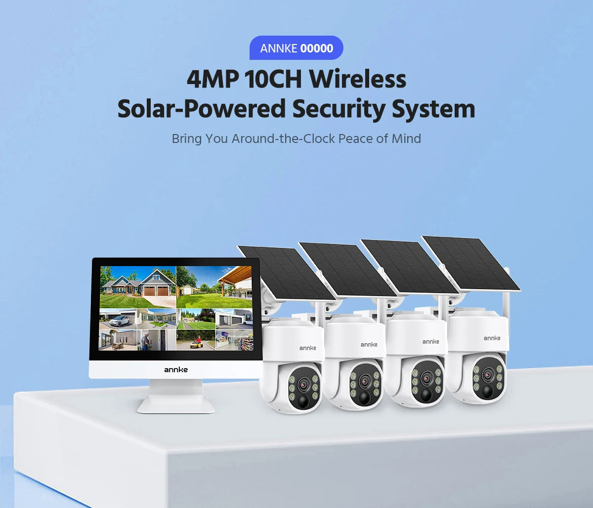 ANNKE 4MP solarni CCTV sistem | 10-kanalni NVR, 5MP PTZ WiFi kamere, PIR in barvni nočni vid