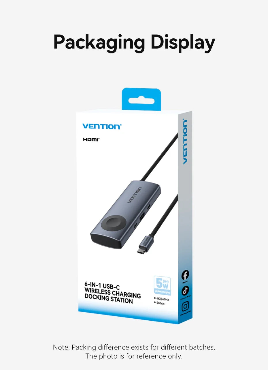 Vention USB-C zvezdišče 6-v-1 | HDMI 4K60Hz, PD 100W, USB 3.0, brezžični polnilnik za Apple Watch