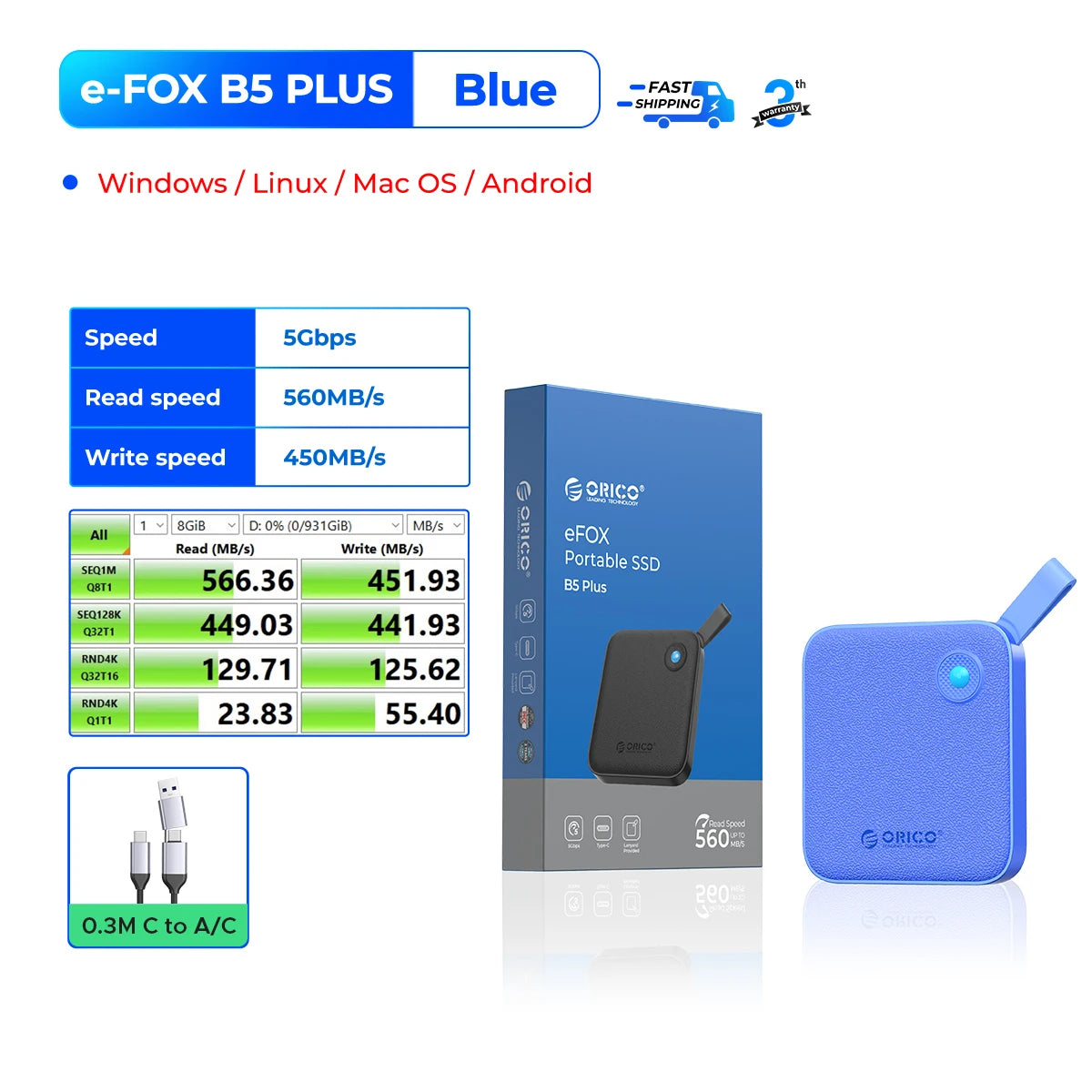 ORICO Portable External Solid State Drive External Hard Drive USB 3.2 Gen2 SSD for iPhone 15/Pro Windows Mac Lightweight