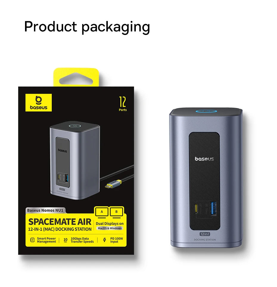 Bazna postaja Baseus 12-v-1 USB-C HUB | DisplayPort + HDMI 4K@60Hz MST, USB 3.2, RJ45, PD 100W