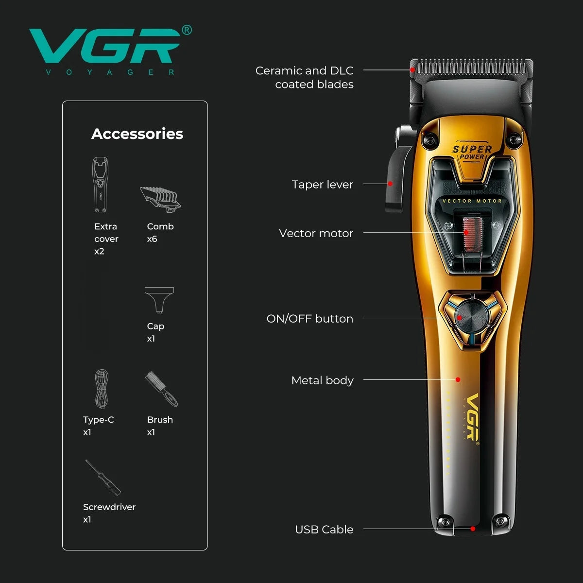 Profesionalni strižnik las VGR V-668 – motor Vector 11.000 vrt./min, 250 minut delovanja, 6 glavnikov