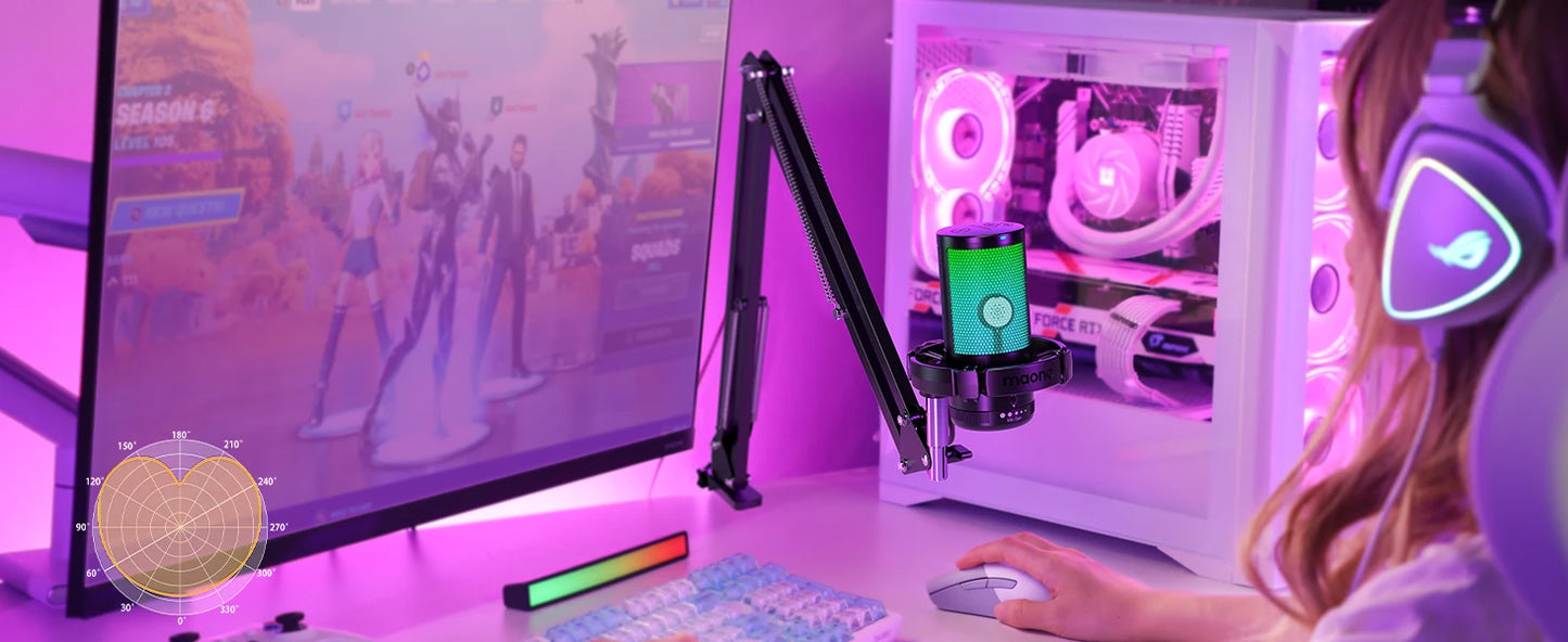 Maono DGM20S – USB igralni kondenzatorski mikrofon | RGB osvetlitev, odpravljanje hrupa in nastavljivo stojalo za pretakanje, podcaste, YouTube in TikTok