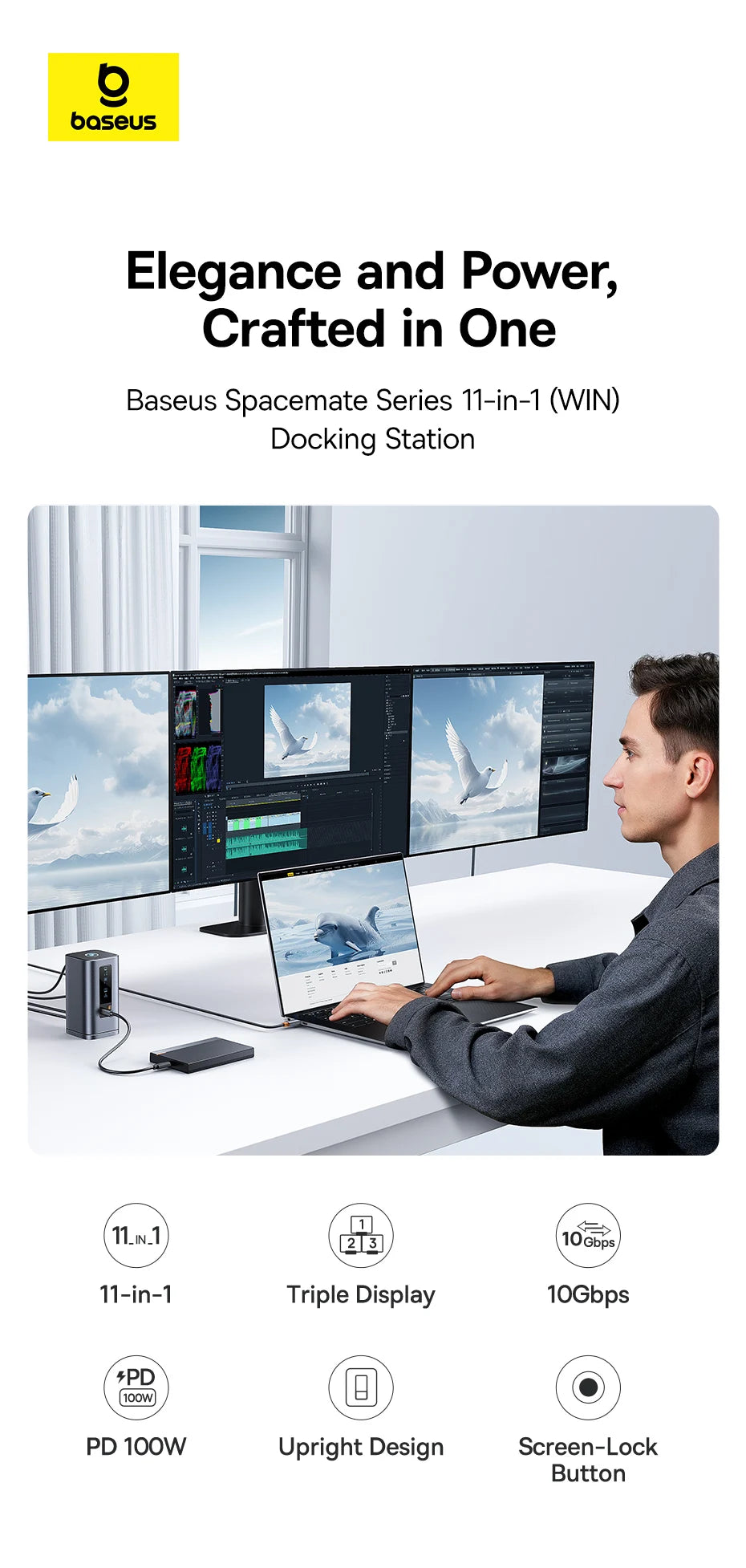 Baseus 11‑v‑1 zvezdišče USB‑C | DP 4K@60Hz, HDMI, trojni zaslon, RJ45, PD 100W, priklopna postaja USB 3.1