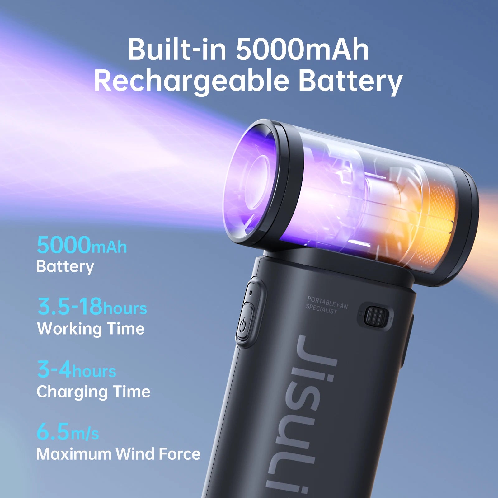 JISULIFE Handheld Turbo Fan – Super Strong Wind Airflow, 5000mAh Battery
