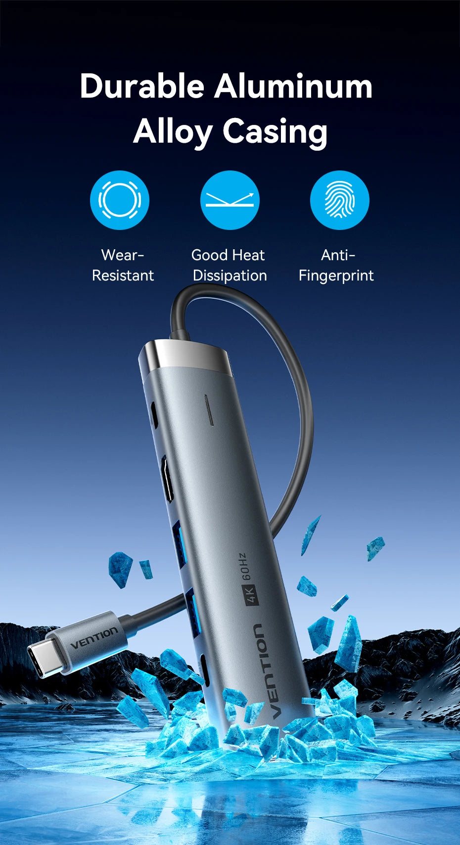 Vention zvezdišče USB‑C 6‑v‑1 | HDMI 4K, PD 100W, RJ45, priklopna postaja USB 3.0