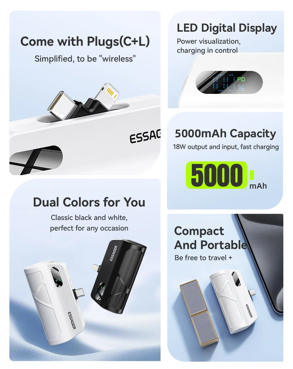 ESSAGER Mini kapsula prenosna baterija 5000 mAh 20 W PD hitro polnjenje