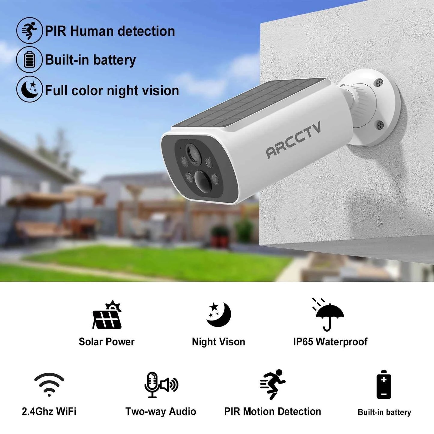 ARCCTV 4MP Solar Camera Outdoor Wireless Security Integrated Solar Wifi Camera Human Detection Color Night Vision Two Way Audio - Limetastore