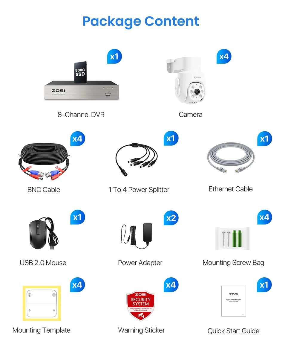 ZOSI 5MP 360° Pan‑Tilt Wired Security Camera System – 8CH H.265+ DVR with 5MP/2MP Indoor & Outdoor