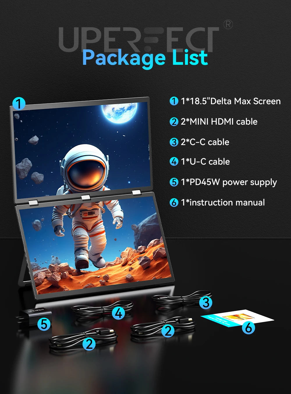 UPERFECT 100Hz Dual Screen Portable Monitor 18.5" - No Drive Required Folding Monitor with USB-C Mini HDMI for PC, Mac, Surface, Phone - Limetastore