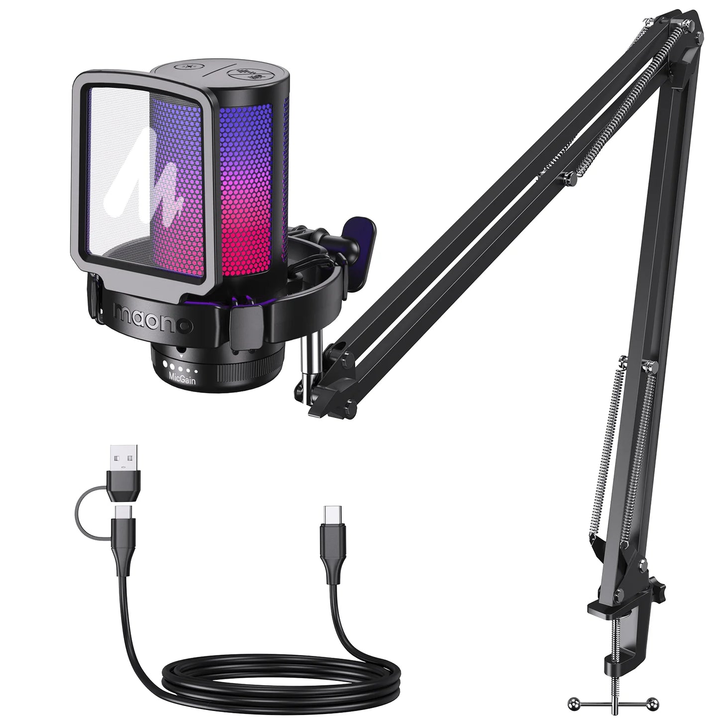 Maono DGM20S – RGB USB Gaming Condenser Microphone | Mic Gain & Noise‑Reduction Software for Streaming, Gaming & Recording
