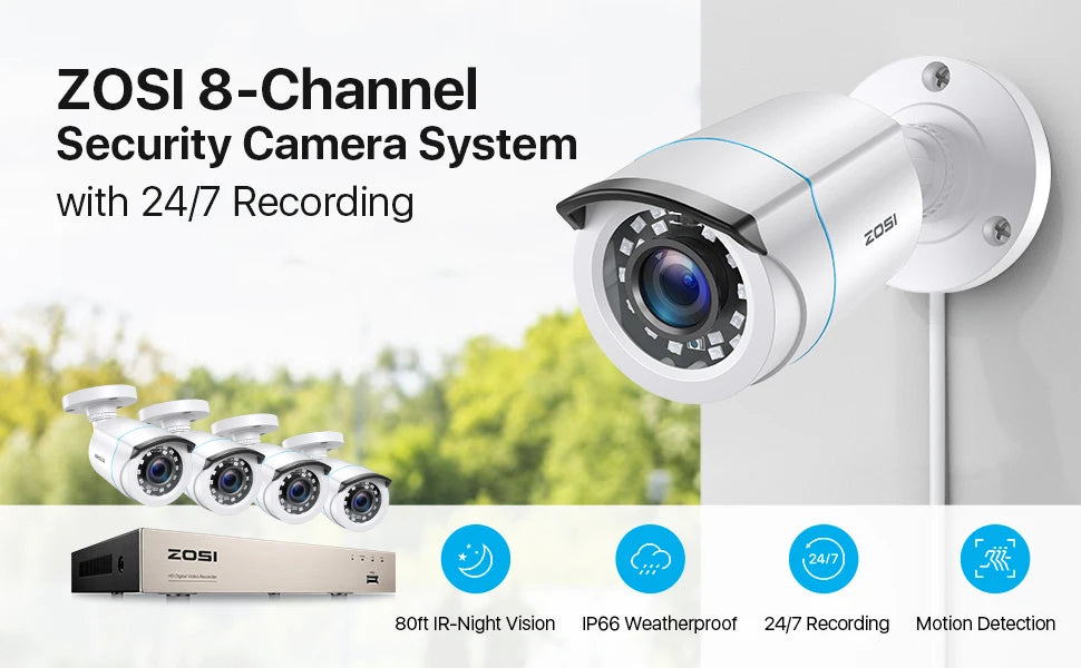 ZOSI 1080p 2MP žični varnostni sistem za dom – 8-kanalni H.265+ DVR s 4/8 zunanjimi nočnimi kamerami