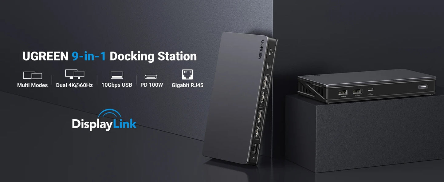 UGREEN 9‑v‑1 priklopna postaja DisplayLink USB‑C z dvojnim 4K60Hz