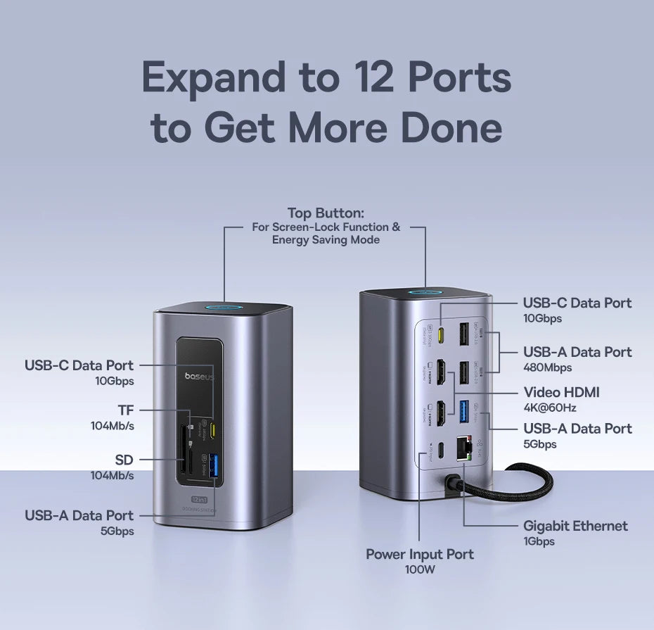 Baseus 12‑v‑1 zvezdišče USB‑C | Dvojni HDMI 4K@60Hz, USB 3.2, RJ45, SD/TF, priklopna postaja PD 100W