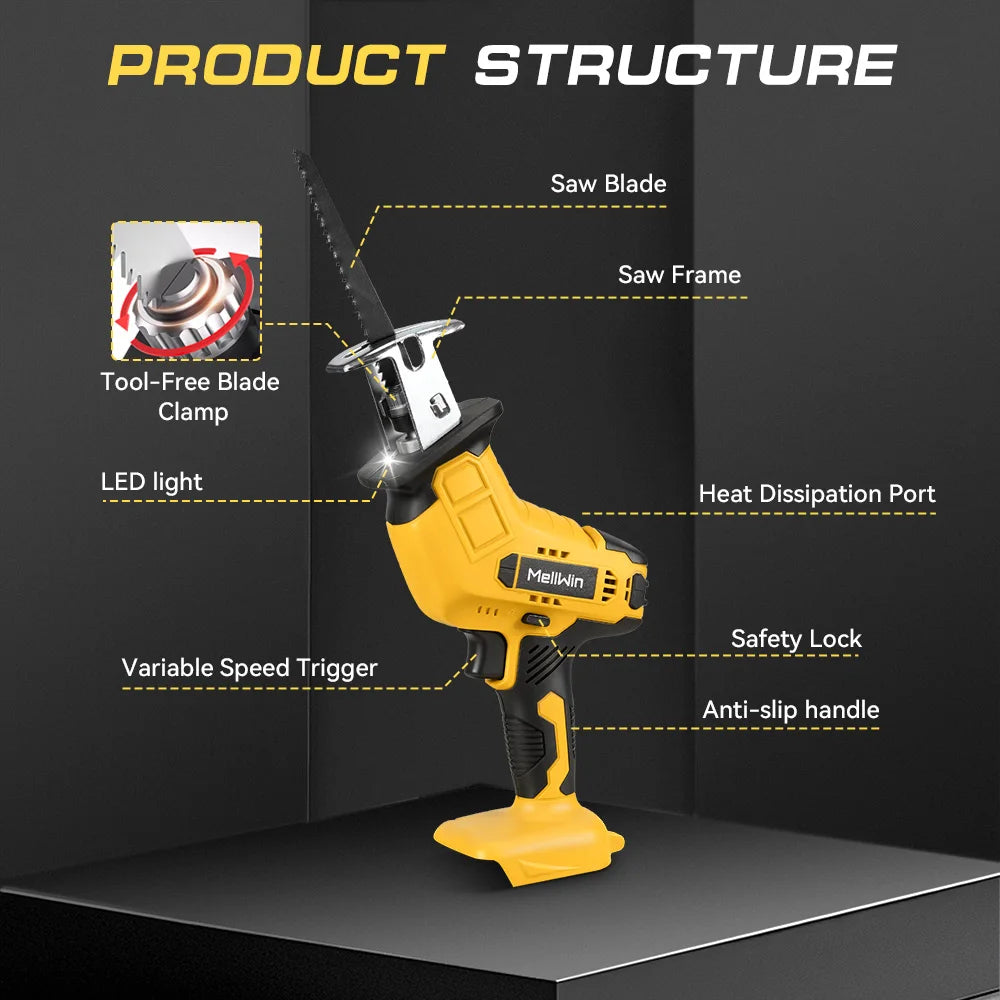 MELLWIN Cordless Electric Reciprocating Saw Multifunction Cut Saw Metal Wood PVC Pipe Cutting Tool For Makita 18VBattery Pin - Limetastore