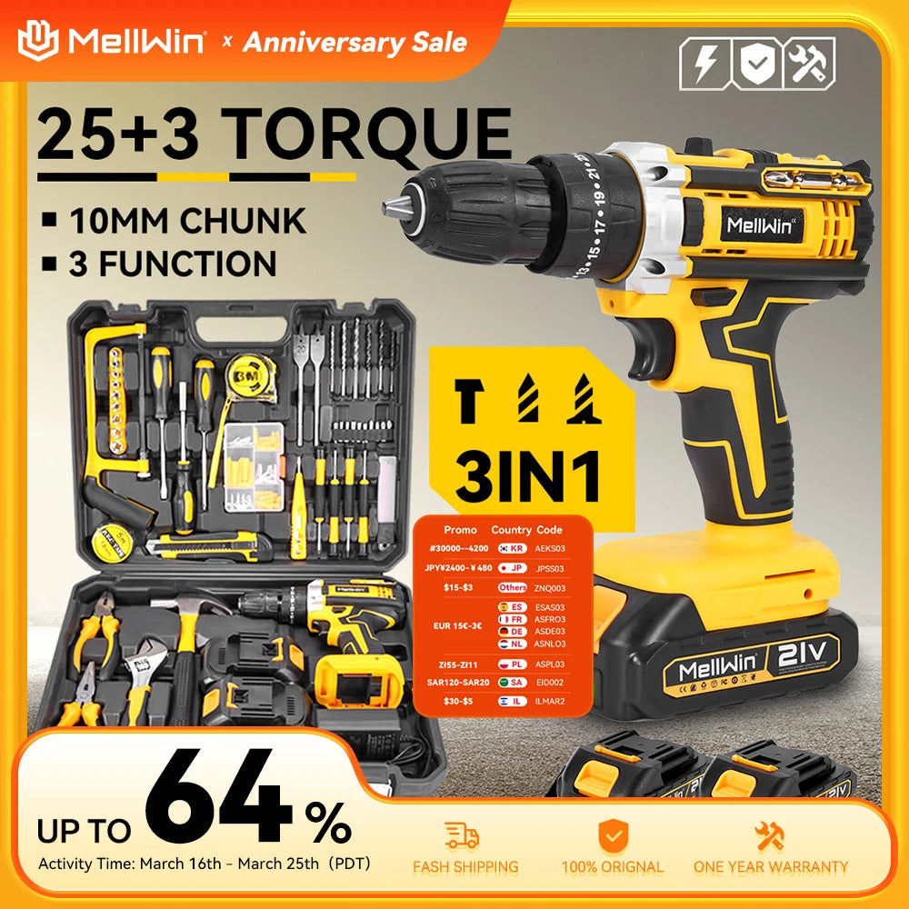 MELLWIN 25+3 Torque Electric Impact Drill 2 Speed Adjustable Cordless Electric Screwdriver Power Tool For Makita 18V Battery Pin - Limetastore
