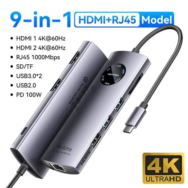 Vention USB‑C 10‑in‑1 Hub | HDMI + DP 4K60Hz, RJ45, PD 100W, USB 3.0 Docking Station