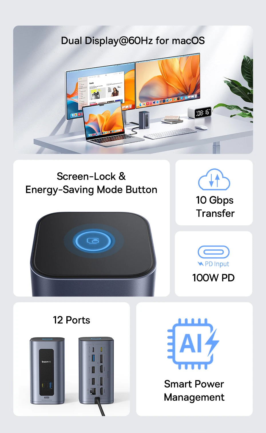 Bazna postaja Baseus 12-v-1 USB-C HUB | DisplayPort + HDMI 4K@60Hz MST, USB 3.2, RJ45, PD 100W