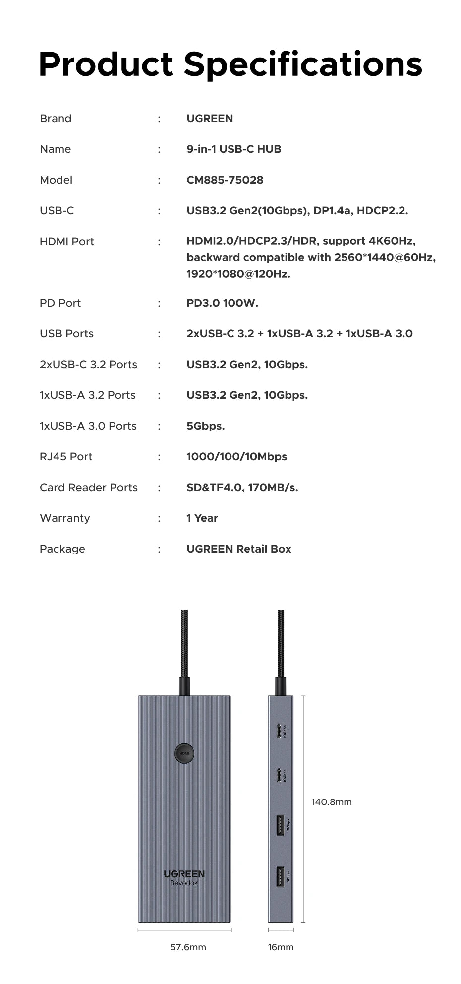 UGREEN 10Gbps USB-C zvezdišče s HDMI 4K60Hz, gigabitnim RJ45, PD100W, SD/TF in USB-A/C priključki