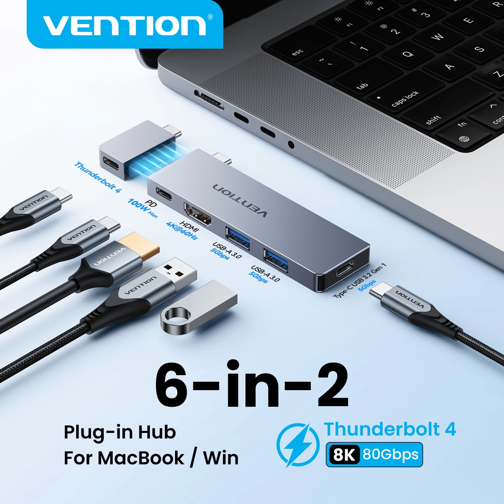 Vention 6‑in‑2 USB‑C Plug‑in Hub | Thunderbolt 4 80Gbps, 8K, HDMI 4K60Hz, USB 3.0 Dock for MacBook