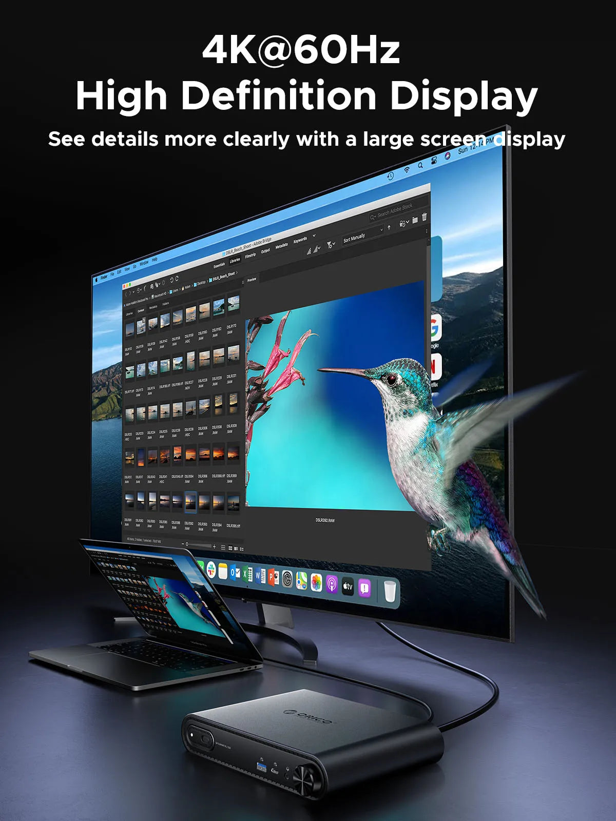 ORICO 10-v-1 USB-C priklopna postaja z ohišjem za M.2 NVMe/SATA SSD, 4K60Hz HDMI, PD100W