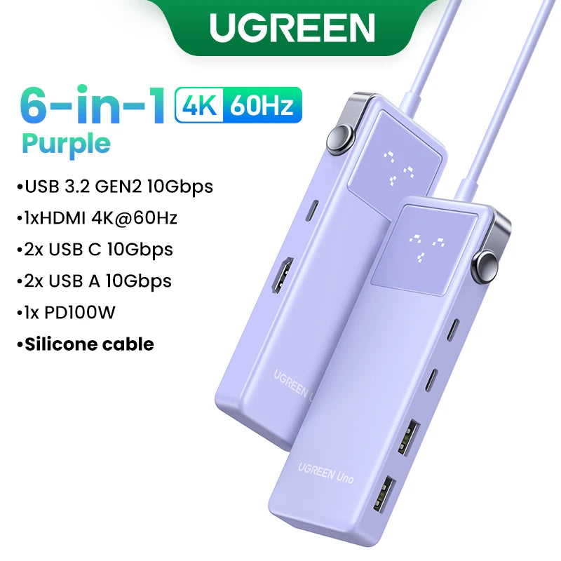 UGREEN Uno USB-C Hub | HDMI 4K60Hz / 2K120Hz, RJ45 1000 Mbps, PD100W, razdelilnik USB 3.0 za MacBook in prenosnike
