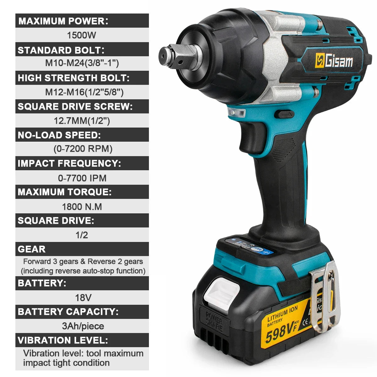 Gisam 1800N.m brezkrtačni udarni vijačnik 1/2" za Makita 18V