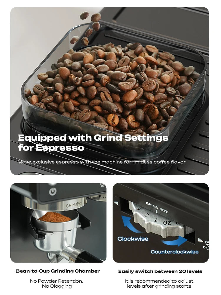 HiBREW H20 – Semi‑Automatic Espresso Machine | 20‑Bar Pressure | Built‑In Grinder with 20 Grind Settings