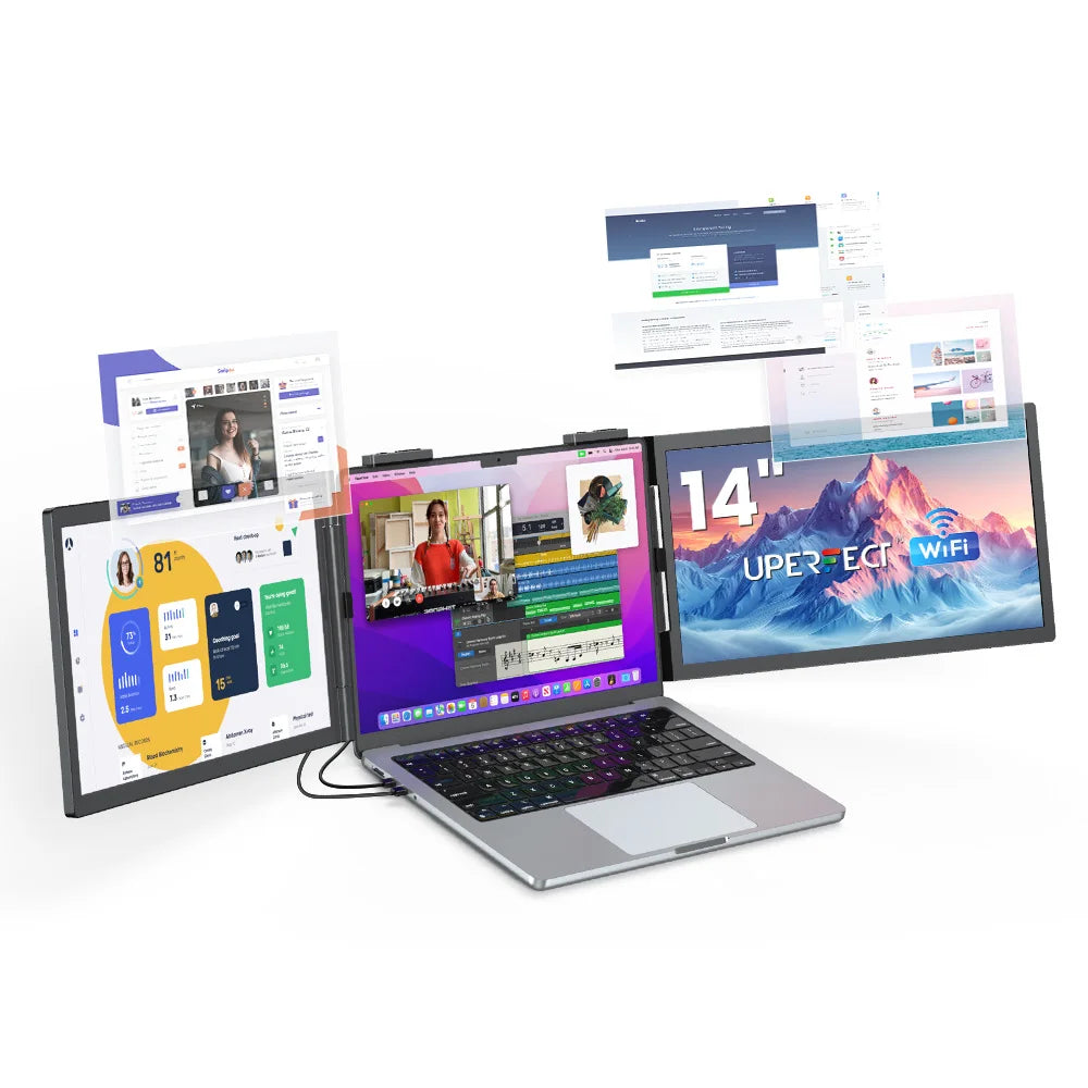 UPERFECT 14'' Wireless Portable Monitor Triple Laptop Screen Extender 1080 FHD Travel Display For 13.3"-17" Laptops PC Mac XBOX - Limetastore