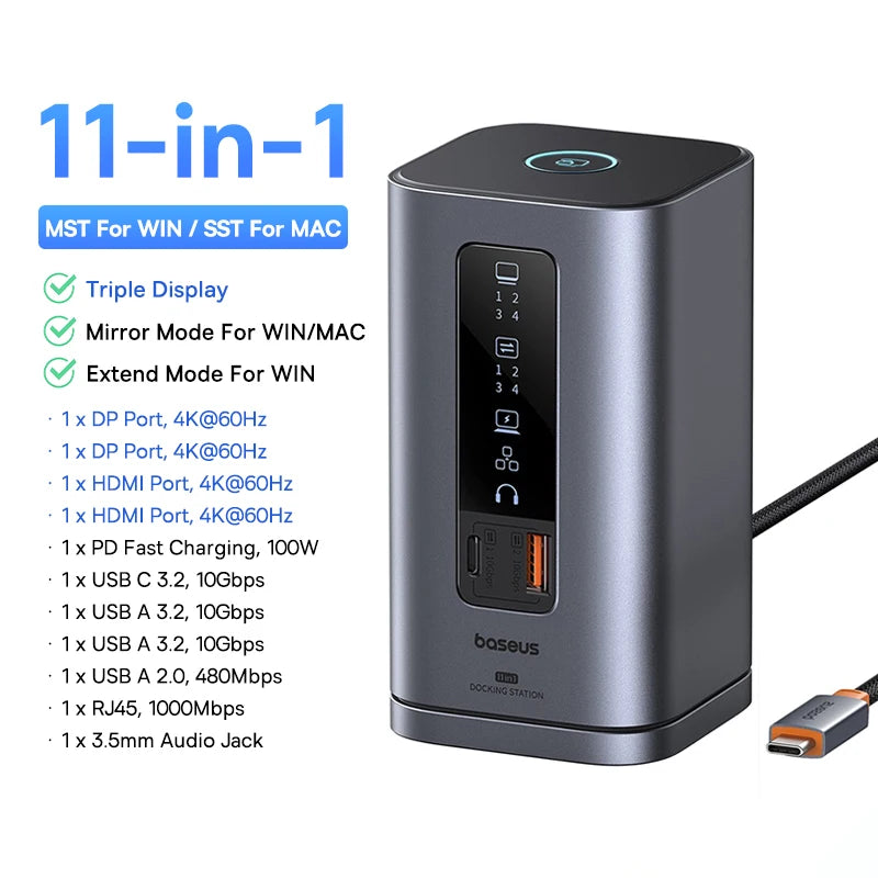 Baseus 12‑v‑1 zvezdišče USB‑C | Dvojni HDMI 4K@60Hz, USB 3.2, RJ45, SD/TF, priklopna postaja PD 100W