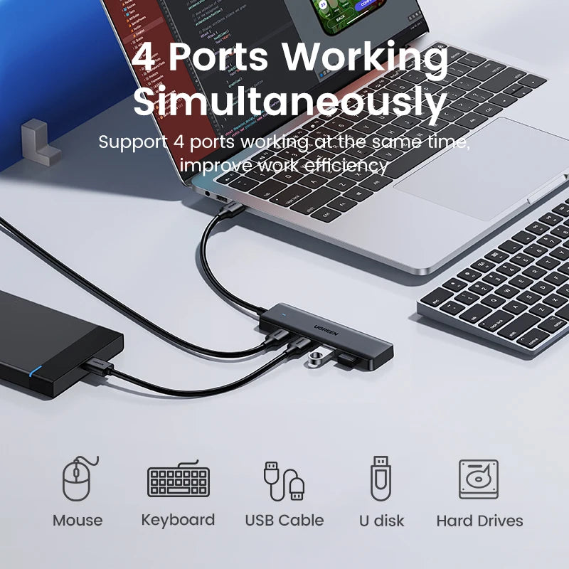 UGREEN 4‑Port USB 3.0 Hub Slim with 5Gbps Data Transfer – USB Expansion Splitter